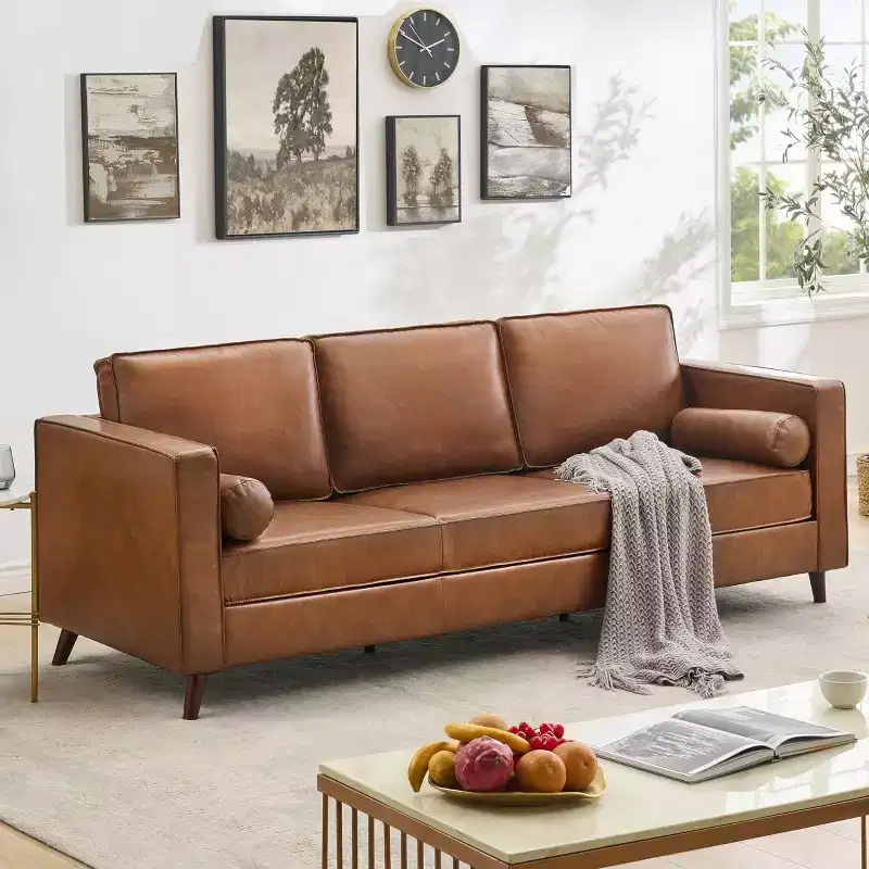 80 Leather Sofa, Mid-Century Modern Deep Seat Couch 3-Seat Sofa for Living Room