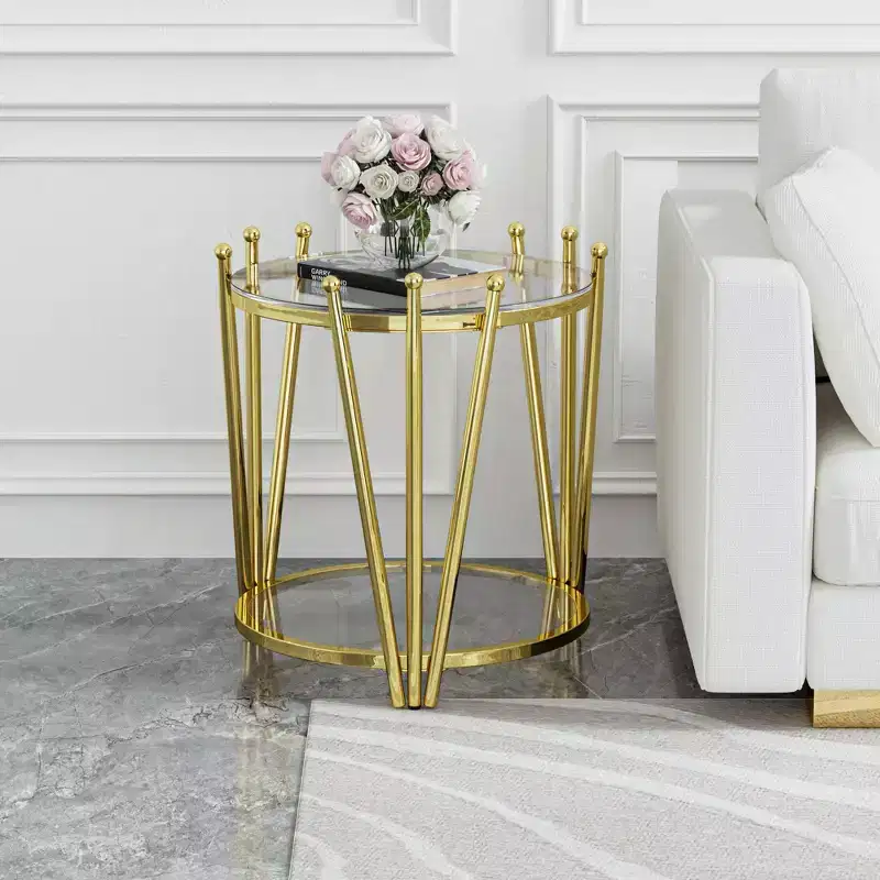 Modern End Table with Tempered Glass Tabletop, Side Table with Crown Design Stainless Steel Legs, Couch Table for Living Room