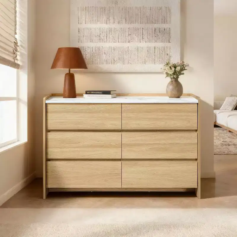 LuxenHome 47.2 Hazel Oak 6-Drawer Dresser with Raised Sides, Faux Marble Top, Durable Manufactured Wood Brown