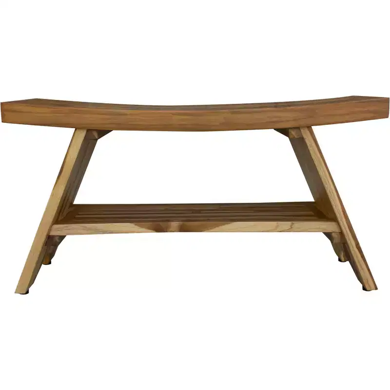 HomeRoots 35 Teak Rectangular Shower Outdoor Bench With Shelf In Natural Finish