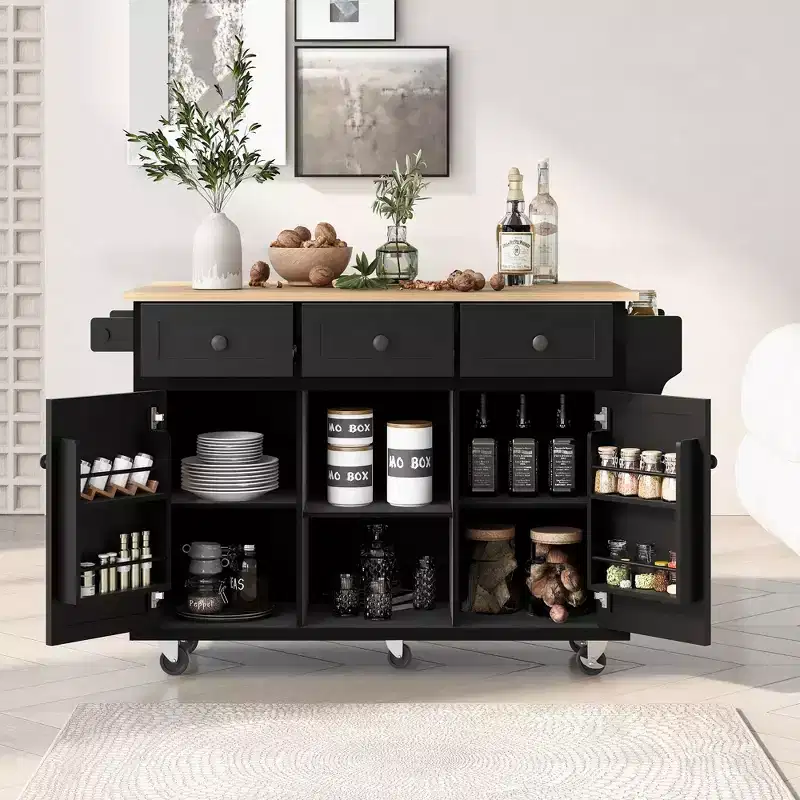 Kitchen Island With Storage Cabinet & 3 Drawers Kitchen Cart With Rubber Wood Drop-Leaf Countertop Cabinet Storage Racks For Dinning Room Black