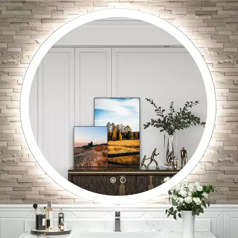 Keonjinn LED Round Front Light Bathroom Vanity Wall Mirror, 3 Color Temperatures Dimmable, Anti-Fog