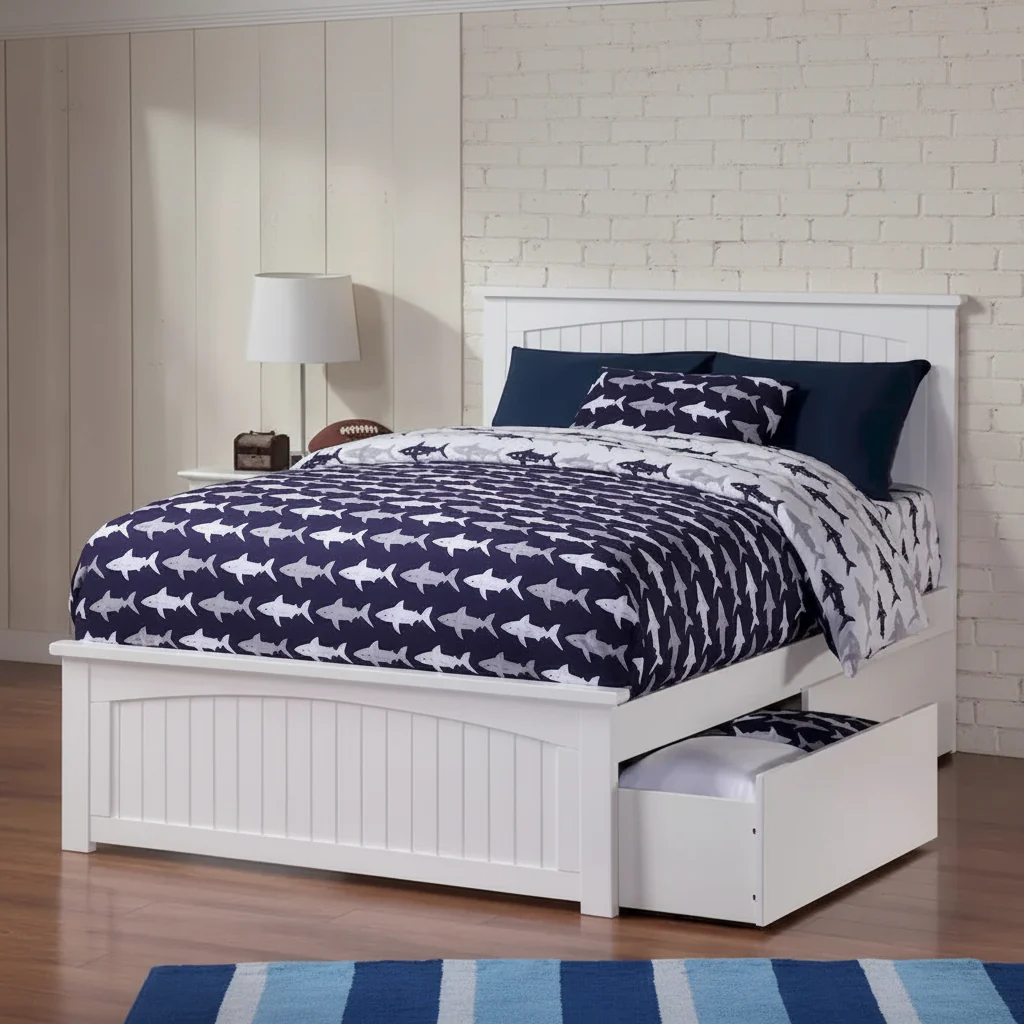 Solid Wood Platform Bed with 2 Storage Drawers & USB Charger – White