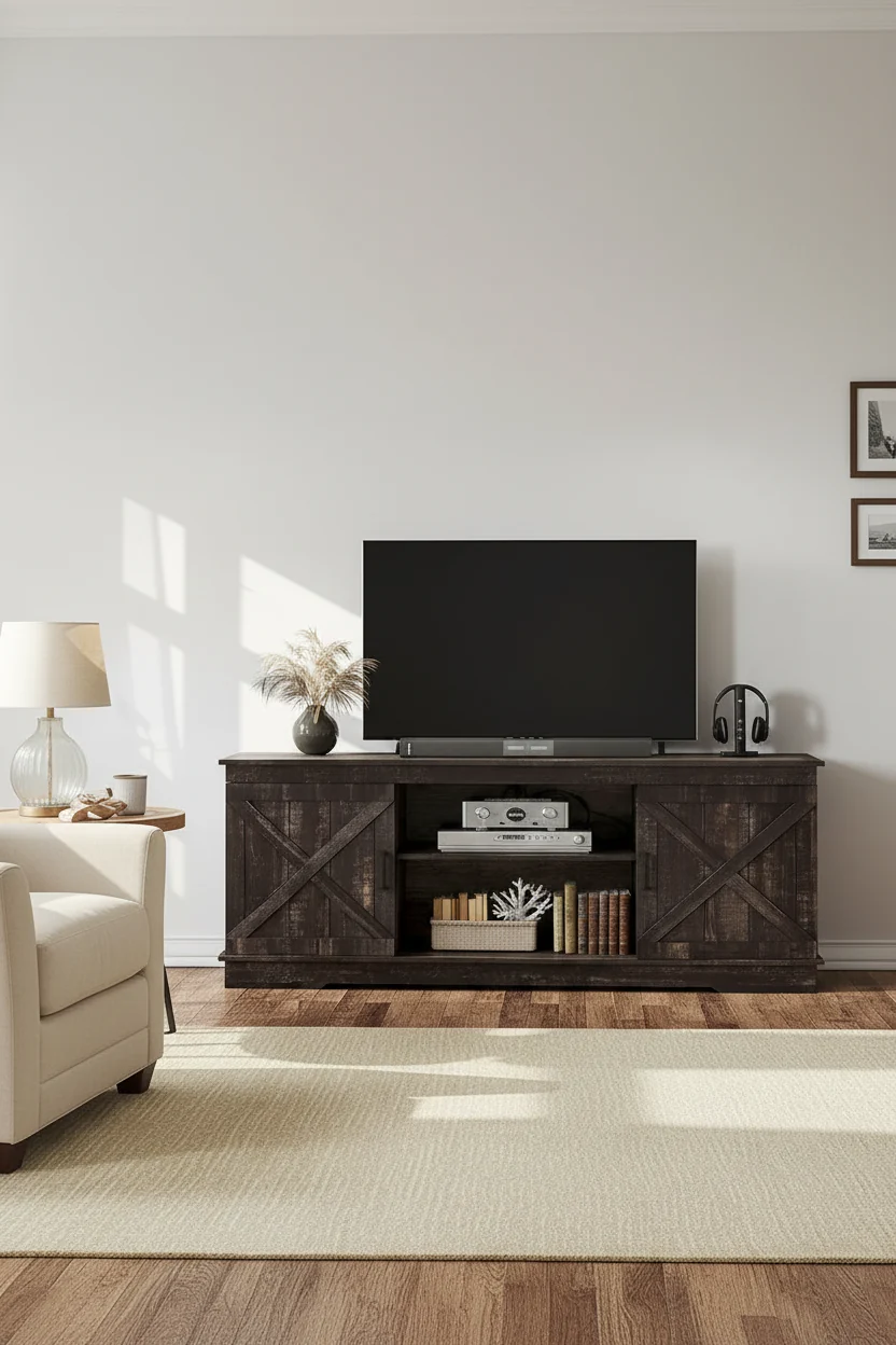 Farmhouse TV Stand with Sliding Barn Doors, Adjustable Shelf, Cord Management, Fits TVs up to 65 in