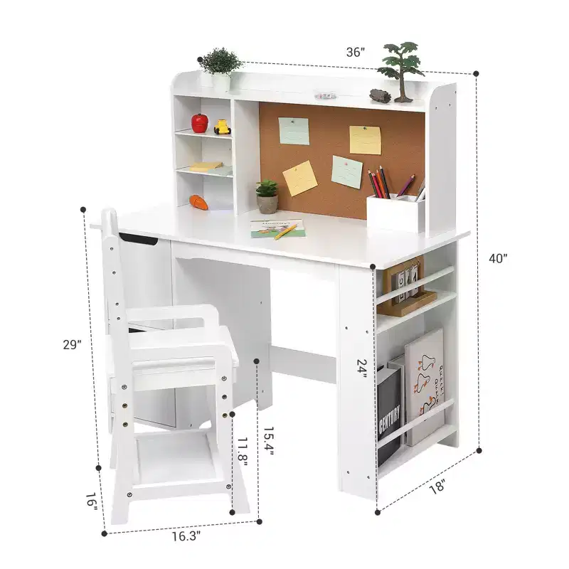 COZONY Kids Vanity Desk with Mirror & Lights, White Princess Makeup Vanity with Chair, Storage Shelves & Drawers, Study Desk Set for Girls & Boys