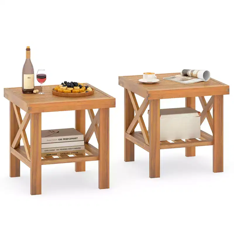 Costway 2PCS Outdoor Side Table Acacia Wood Adirondack Table w/ Storage Shelf Natural