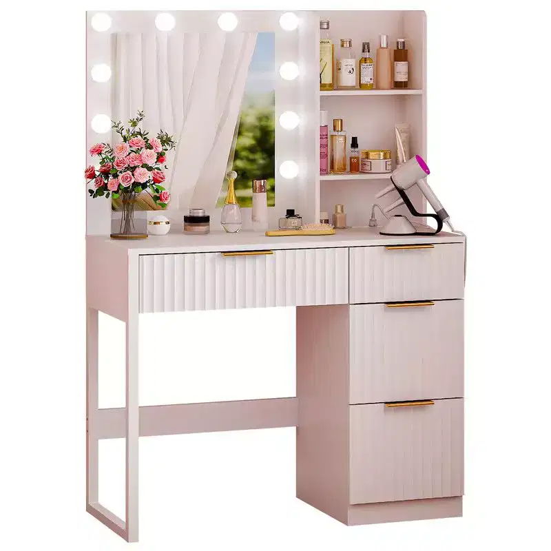 White Particle Board Veneered with Textured Melamine 4-drawer 2-shelf with 10 Three-color Dimmable Bulbs with Power Strip Dressing Table