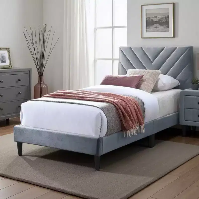 Royal Hampton Twin Size Bed, Tufted Gray Velvet Upholstery, Chevron Stitch