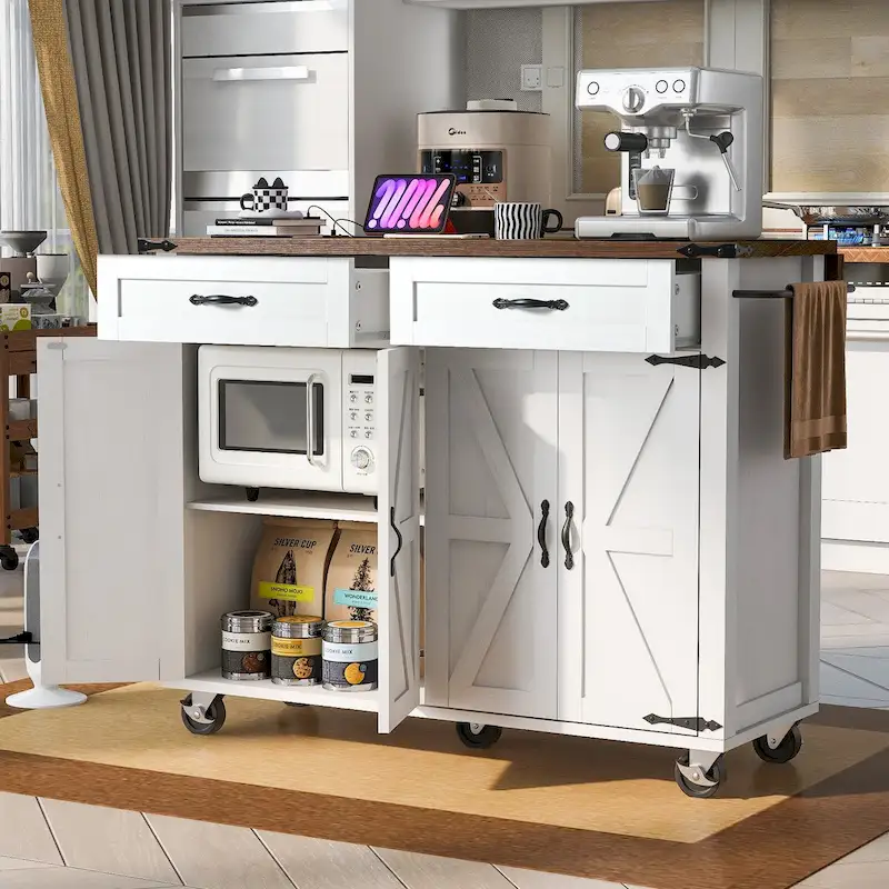 53.5 Farmhouse Kitchen Island Cart with Power Outlet, Drop Leaf, Spice Rack, and 2 Drawers, 5 Wheels