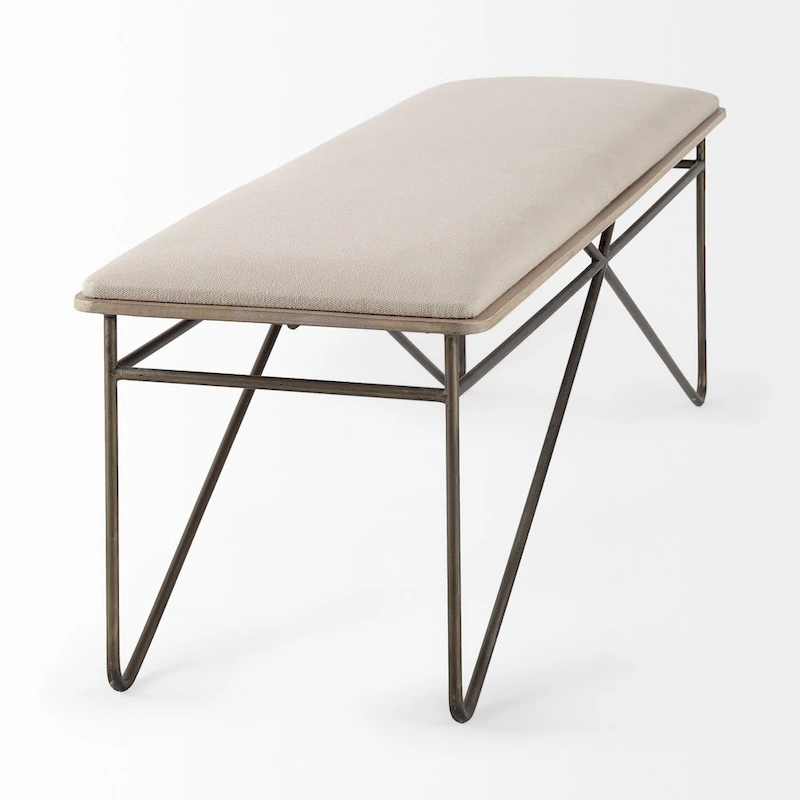 Camille Cream Fabric Seat w/ Dark Metal Frame Bench - 55.5W x 16D x 17H