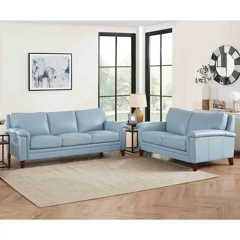 Spa Blue / Silver Gray / Vanilla White Transitional Leather Sofa & Loveseat Set, 2+3-Seat