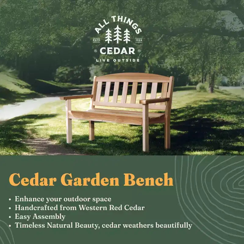 All Things Cedar 51 Inch Deluxe Cedar Wooden Garden Bench, Outdoor Seating Chair with Back for Patio, Garden, Yard, and Lawn, Natural