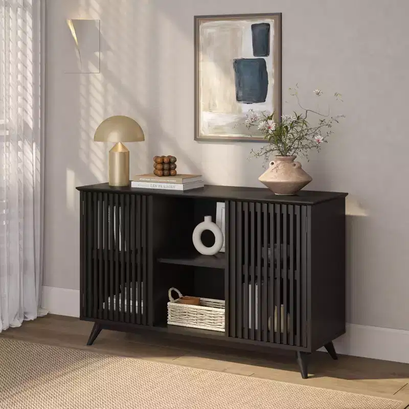 Mid-Century Modern Solid Pine Sideboard with 2 Push-to-Open Doors, 49