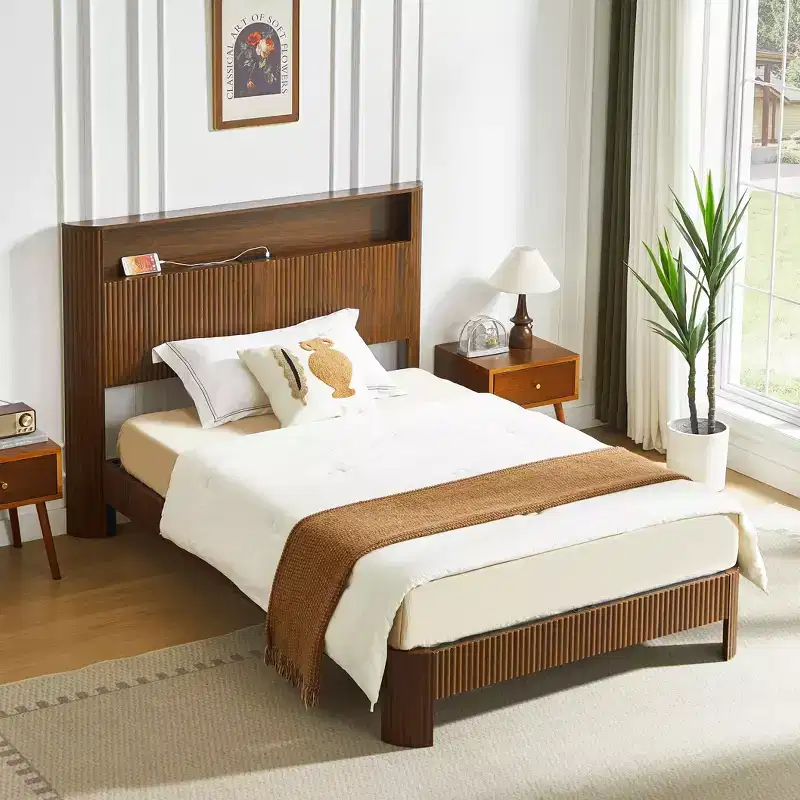 JVNOXK 84-inch Extra-Large and Extended Bed Frame with Storage Headboard, Built-in Charging Station, Wave-Curved Design, Walnut Finish