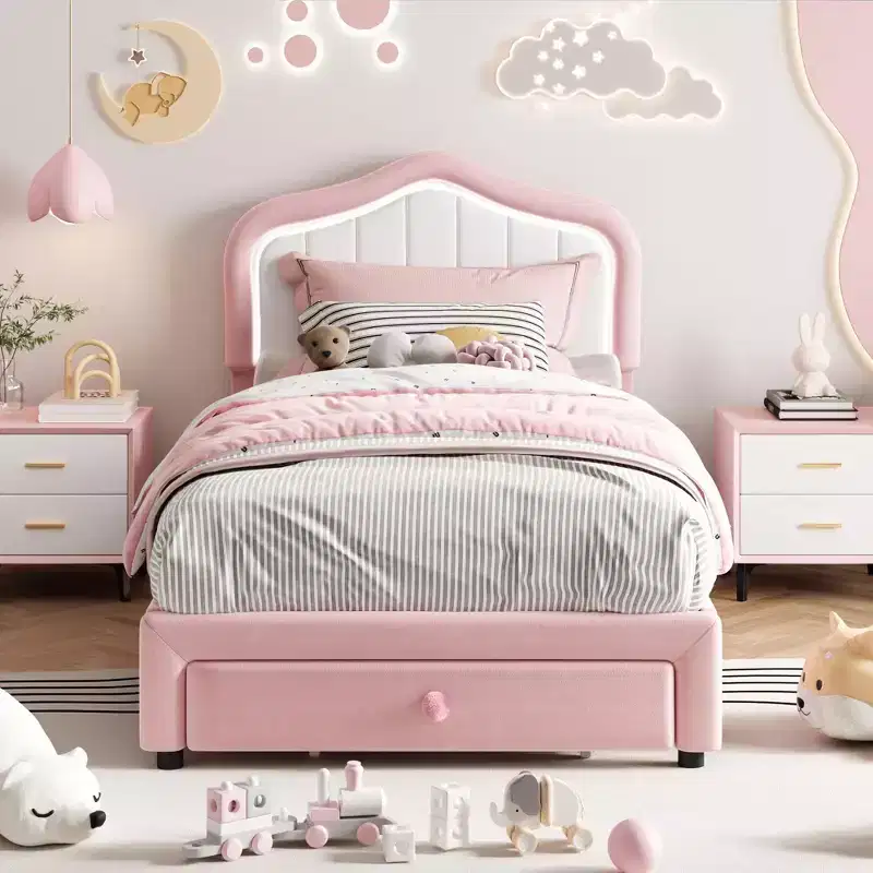 Coolmee Upholstered Bed Frame With Storage Drawer and Headboard, Princess Platform Bed Frames for Kids, Wooden Slats Support, No Box Spring Needed