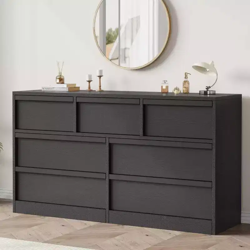 Acekool 7 Drawer Dresser for Bedroom, Wooden Storage Cabinet with Concave Handles, Modern Chest of Drawers Organizer, Black