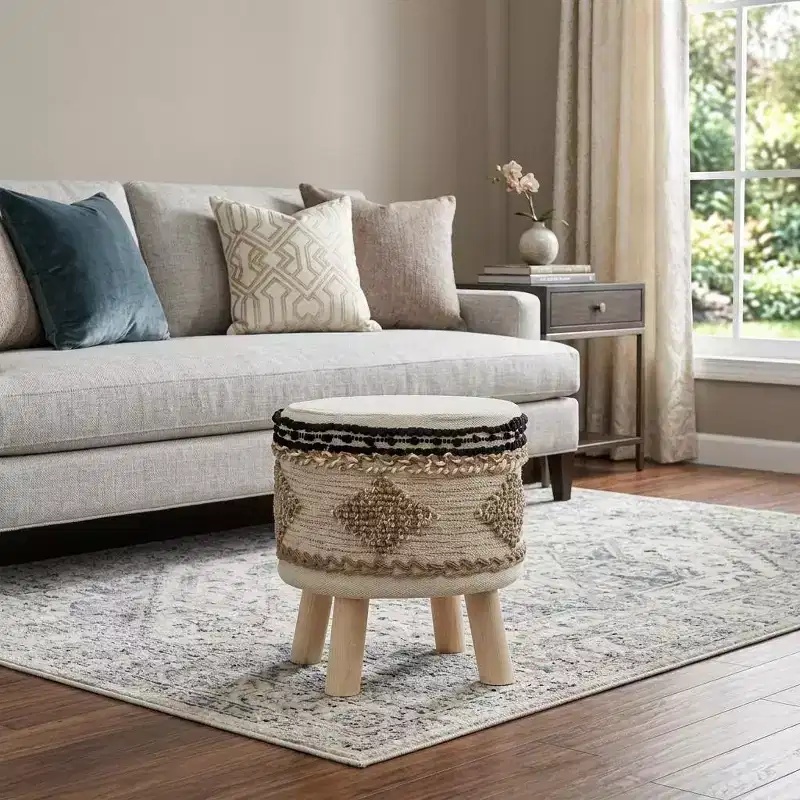 HomeRoots 16 Beige Jute And Brown Round Abstract Ottoman