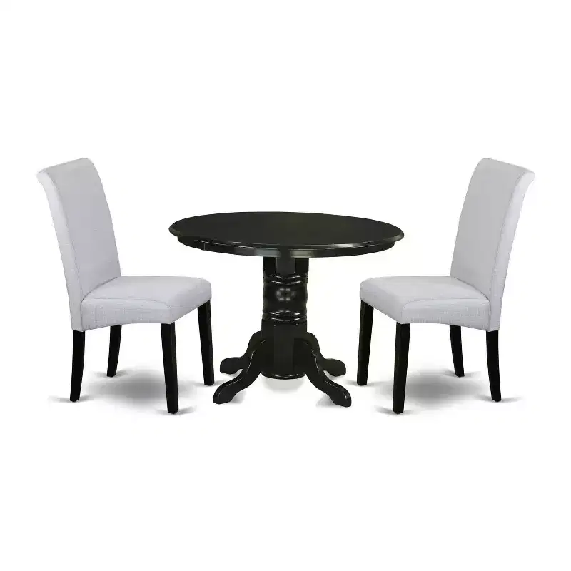 Small Round Kitchen Dining Set - 3Pc Table & Chairs - Linen Grayish Blue Fabric - Modern Baroque Design