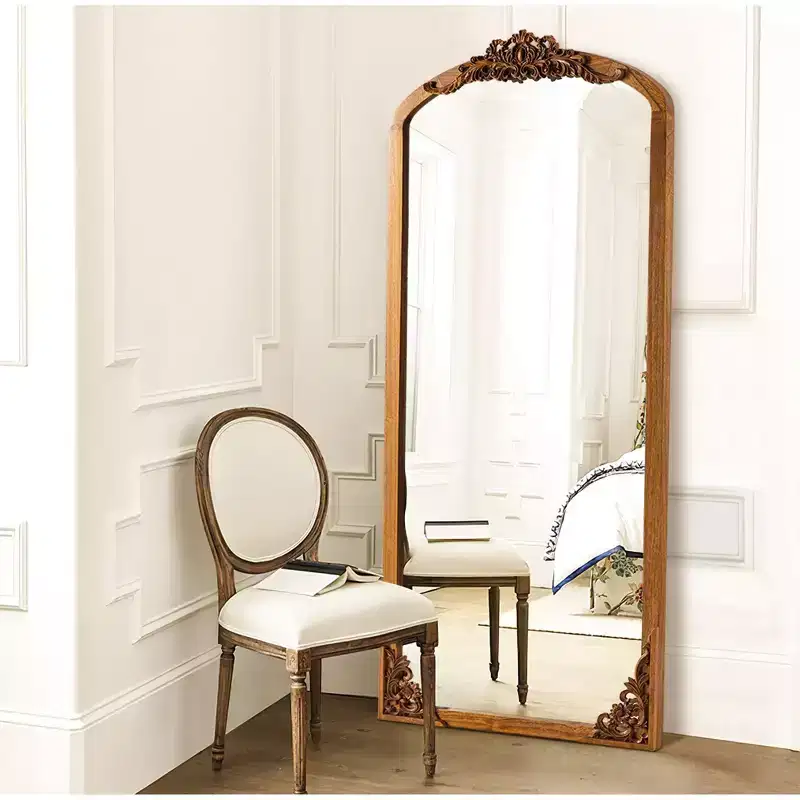 PexFix 21 in. W x 64 in. H Rustic Arched Solid Wood Framed DIY Carved Full Length Mirror in Golden