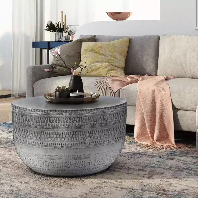 Round Metal Coffee Table, Antique Silver with Hammered Texture, No Assembly Required