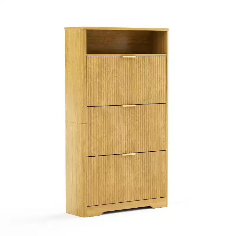 3-Tier Shoe Cabinet with Flip-Down Doors and Open Shelf