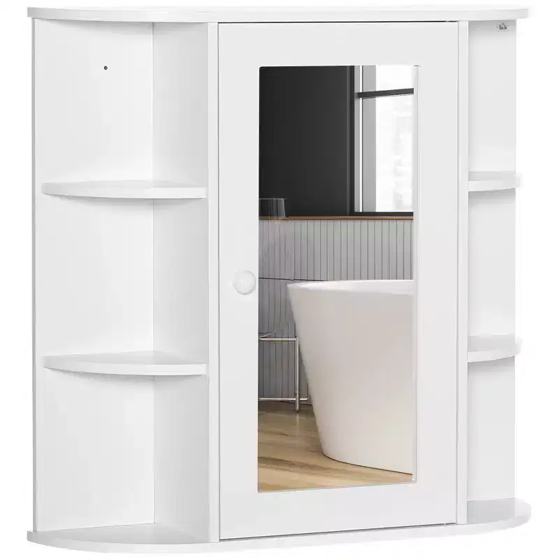 Wall-Mounted Medicine Cabinet with Mirror and Open Side Shelves for Bathroom Storage - White