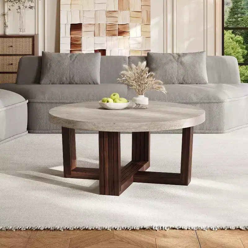 Modern Round Coffee Table with Marble Pattern Top and Cross Base