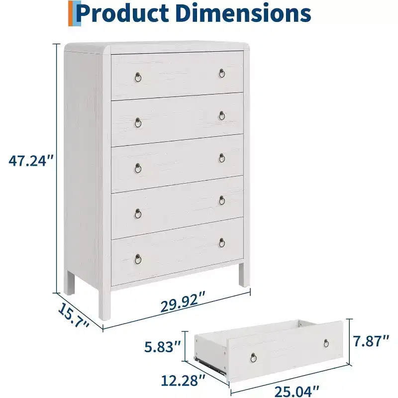 White 5 Drawer Dresser, Modern Closet Dressers Chest of Drawers, Wood Storage Dresser Chest of Drawers Clothes Organizer
