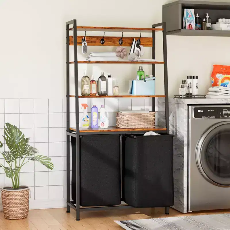 Double Laundry Hamper with Shelf 4 Tier Tall Laundry Basket Sorter with Two Removable Bags Clothing Storage Organizer and Hooks for Bathroom Bedroom