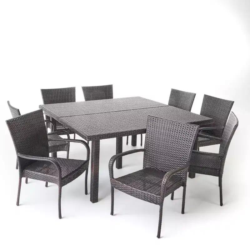 Christopher Knight Home Kama 9 Piece Outdoor Wicker Patio Dining Set with 64 Square Table and Stackable Chairs