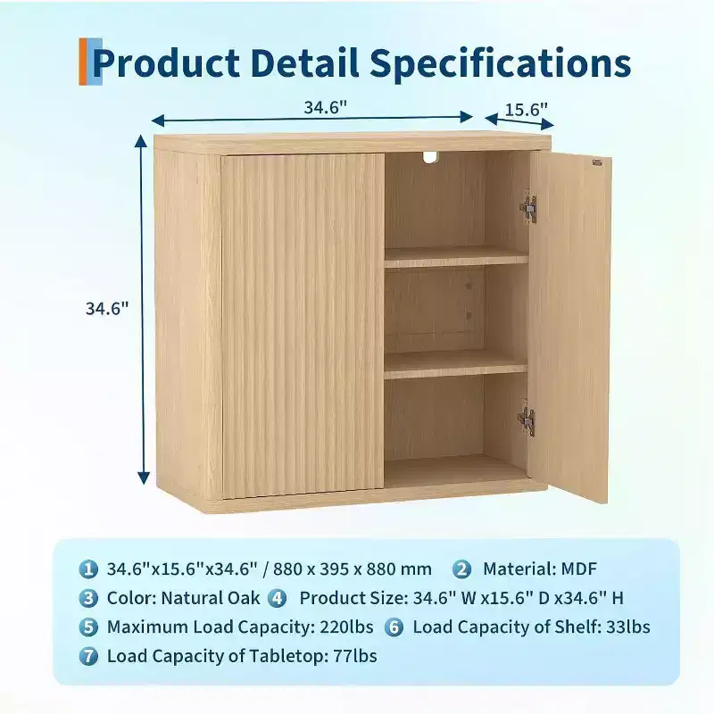 Fluted Sideboard Buffet Cabinet, 34.6in Wide Wooden Cupboard Storage Cabinet with Adjustable Shelves for Kitchen Dining Living Room