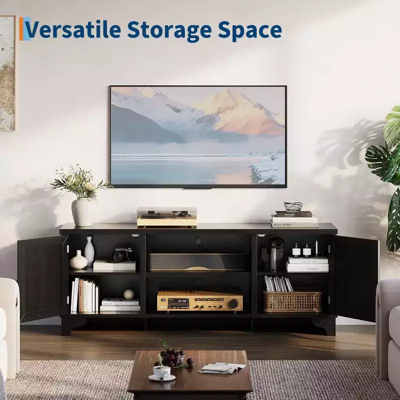 TV Stand for TVs Up to 70, Rattan Entertainment Center with 2 Cabinets & Open Shelf, Boho Media Console Table for Living Room, Apartment