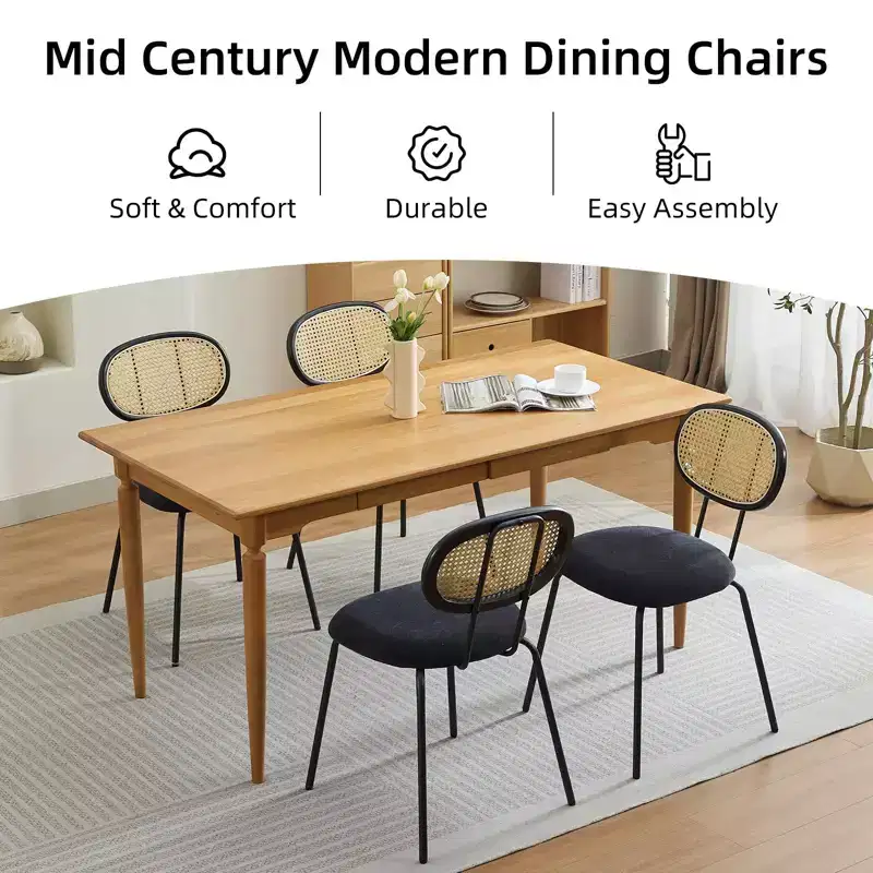 Acekool Mid Century Modern Velvet Dining Chairs Set of 2 Rattan Back Upholstered Metal Chairs for Kitchen Living Room