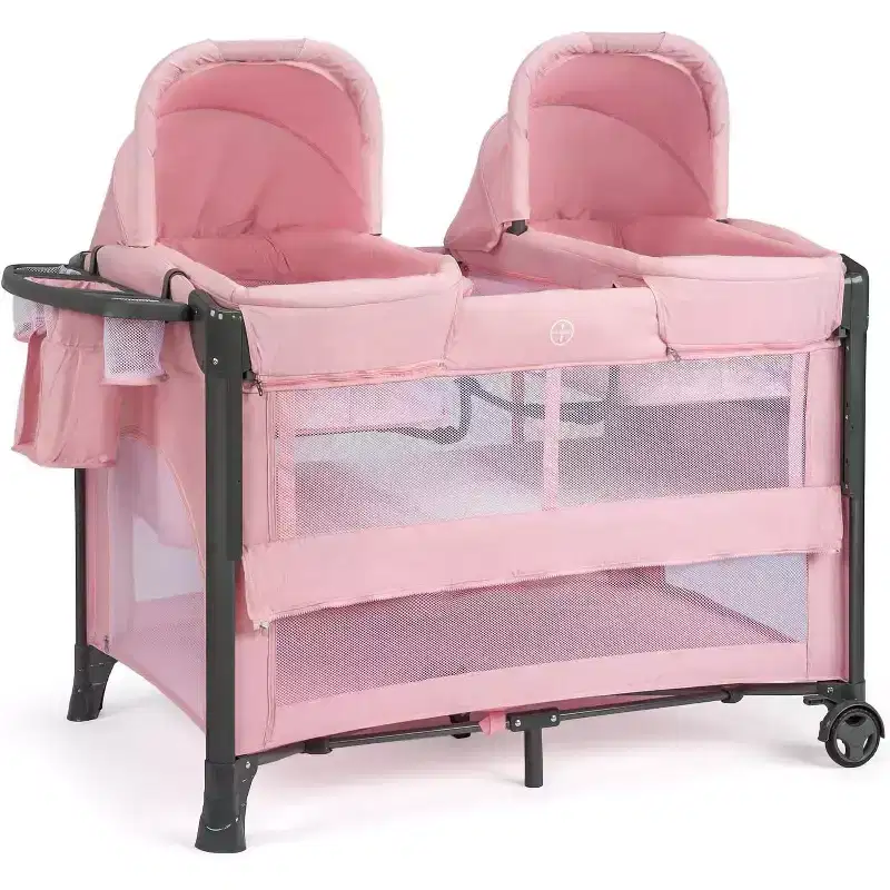Twin Bassinet for Baby, Pink Bedside Bassinet, Convertible to Bedside Sleeper and Playpen, with Wheel, Brake