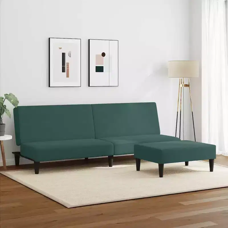Dark Green Velvet 2-Seater Convertible Sofa Bed with Footstool