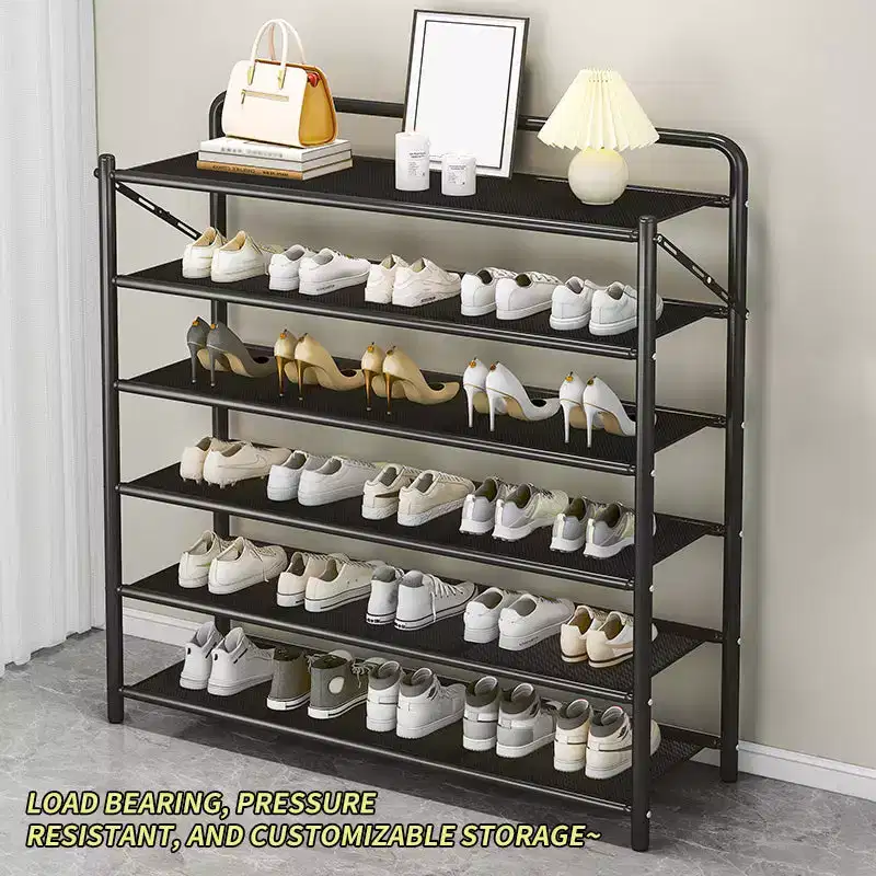 Space-Saving Slim Shoe Rack Organizer, Sturdy Metal Frame, Holds 10-20 Pairs, Rustic Black, Ideal for Entryway