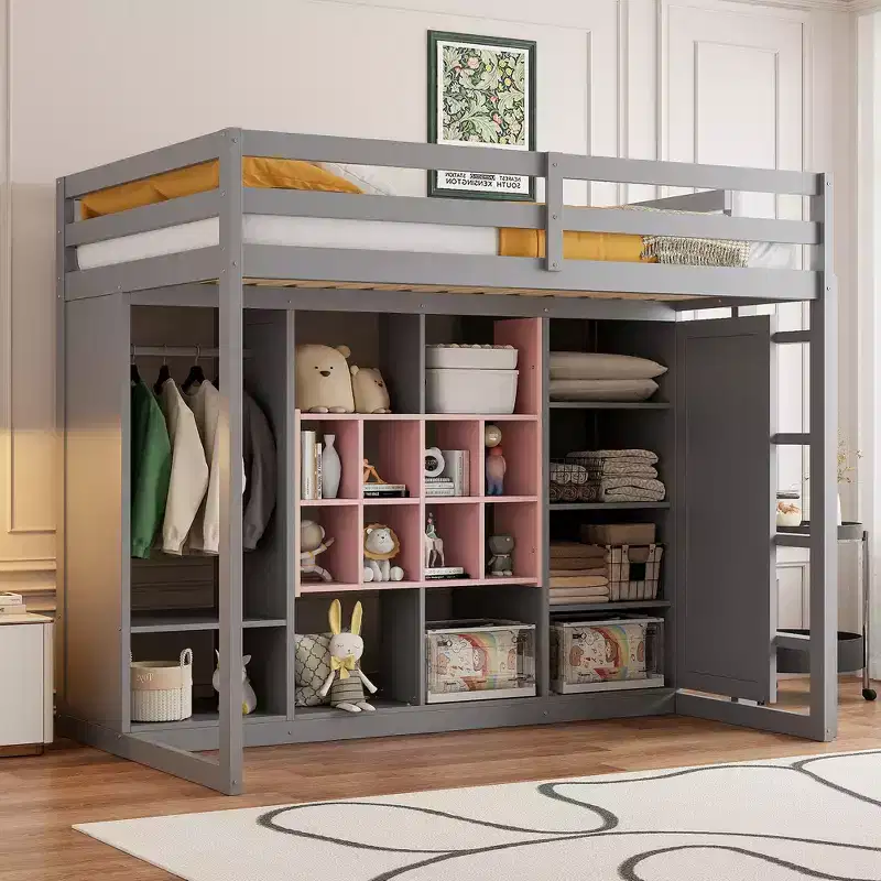 Wood Loft Bed with Wardrobe, Shelves and Cabinet