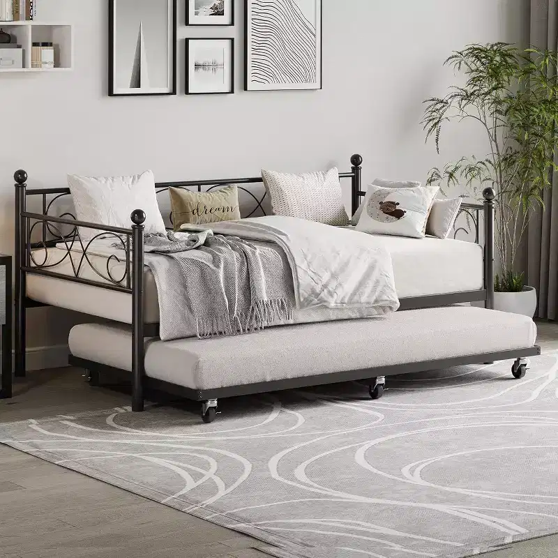 Twin Size Daybed Frame with Trundle, Floral Headboard and Heavy-duty Steel Slats, Ideal for Living Rooms and Guest Rooms, Gold