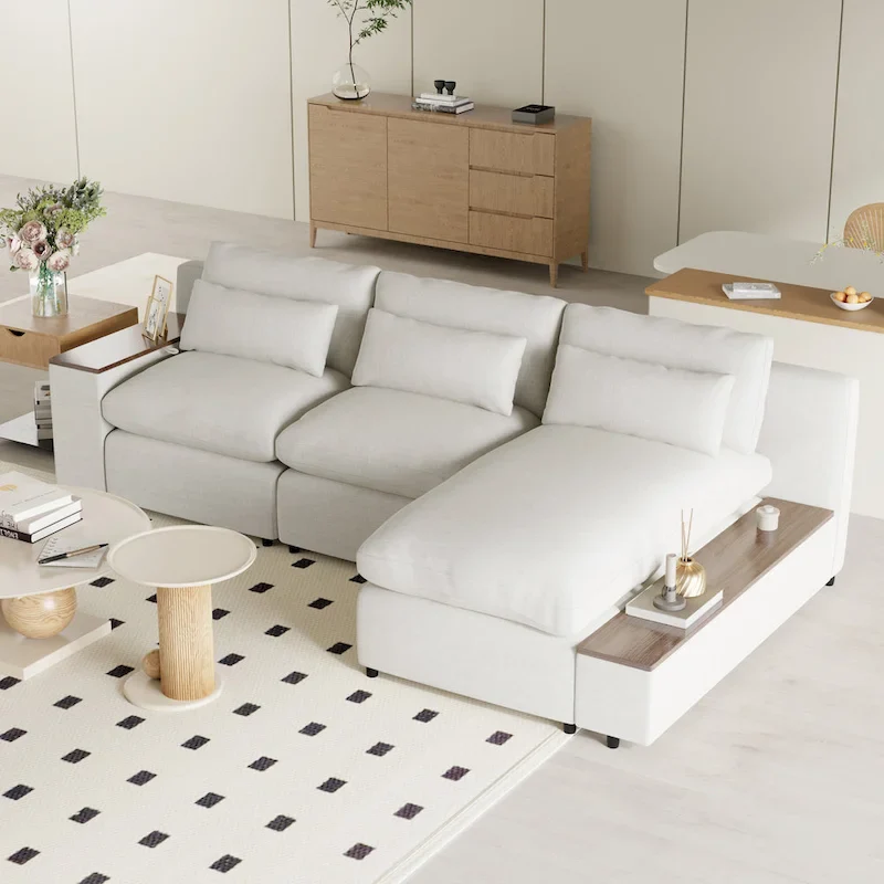 Beige L-Shaped 3-Seat Sofa with Storage Compartments