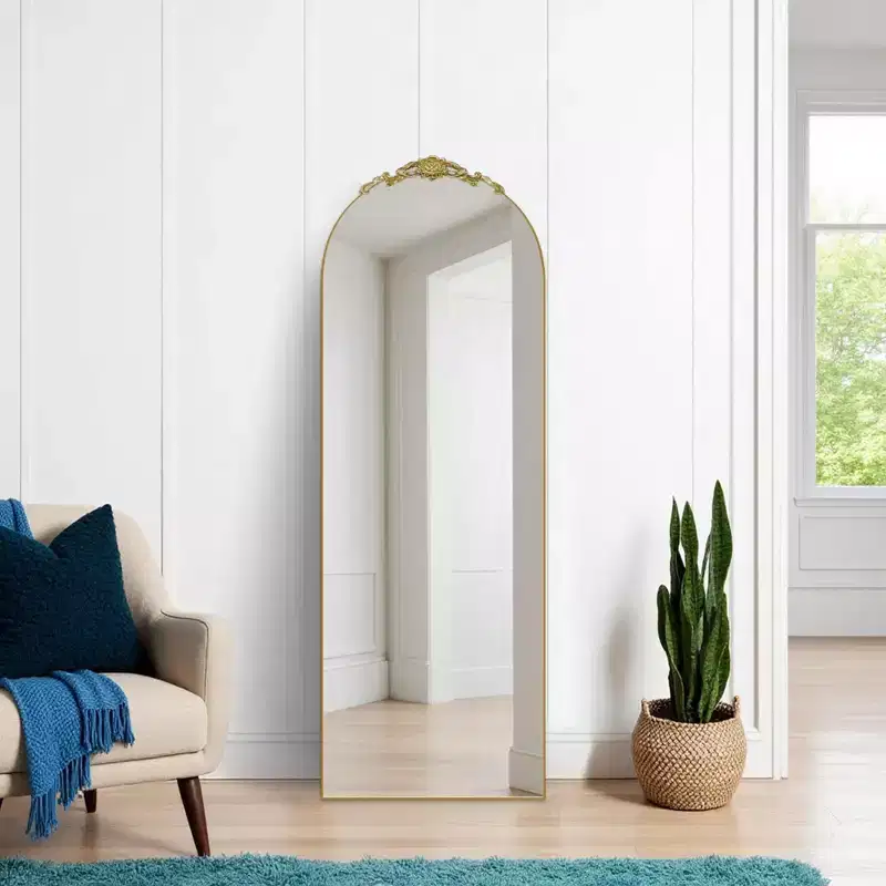 Right Angle Arched Gold Mirror: 64.35 x 23.4, Carved Wood, Full-Length