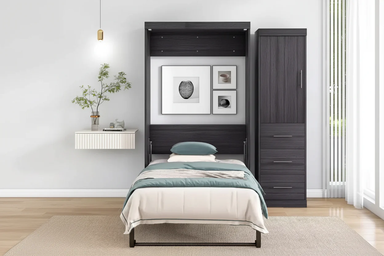 Wood Murphy Bed with Wardrobe and Drawers