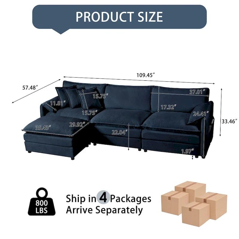109.45 Chenille Upholstered L-Shaped Modular Sectional Sofa with Double-Layer Cushions, DIY Combination