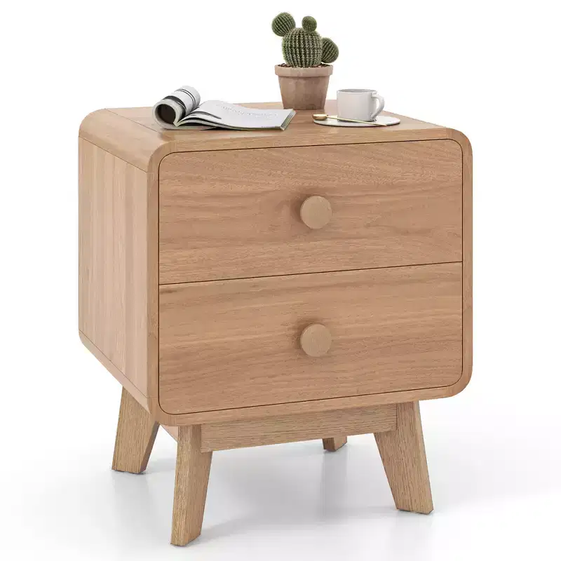 Costway 1/2 PCS Modern Style 2-Drawer Nightstand Bedside Table with Solid Rubber Wood Legs Brown