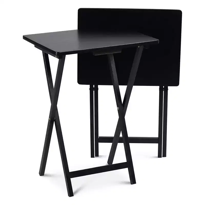 PJ Wood Conventional Solid and Sturdy Wood Construction Portable Folding TV Snack Tray Table Desk Serving Stand, Black (6-Piece Set)