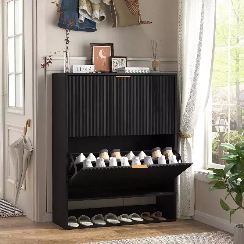 Fluted Shoe Cabinet Storage for Entryway with 2 Flip Drawers & Bottom Open Shelf, Narrow Shoe Rack Cabinet with Side Hooks, Slim Shoe Cabinet