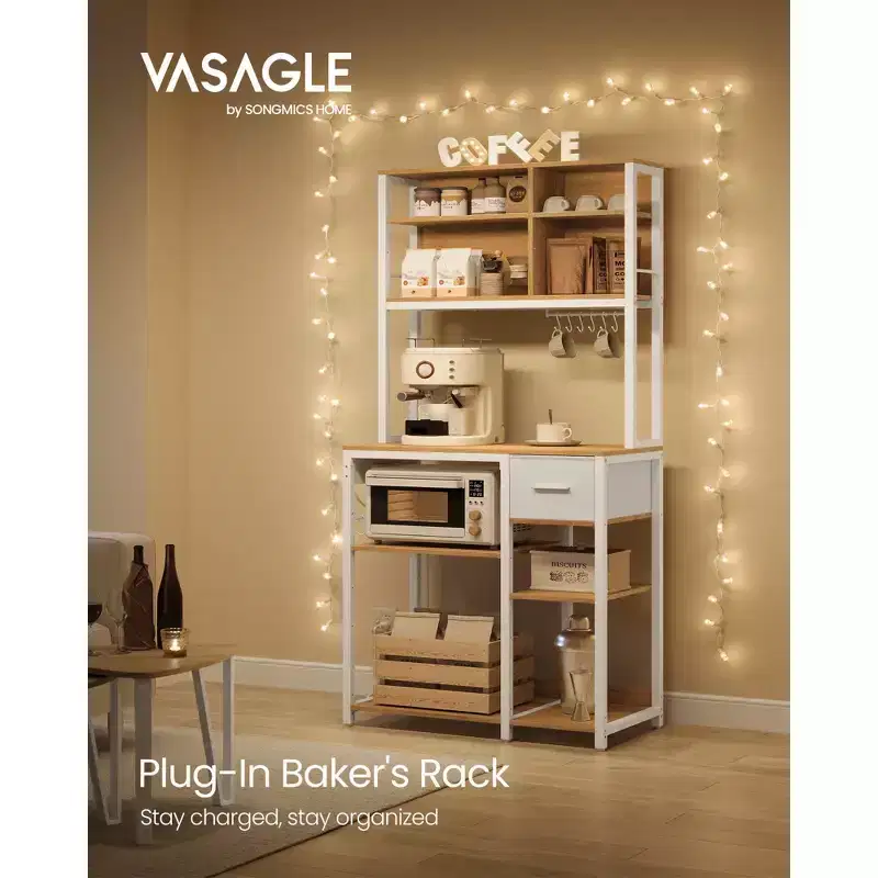 VASAGLE Bakers Rack with Charging Station, Coffee Bar with Adjustable Storage Shelves, Fabric Drawer, 12 Hooks, 15.7 x 31.5 x 71 Inches