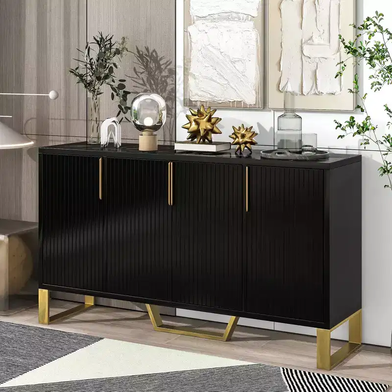 JVNOXK Modern four-door sideboard with metal handles and legs, adjustable shelves, kitchen cabinet with storage space, suitable for kitchens, black