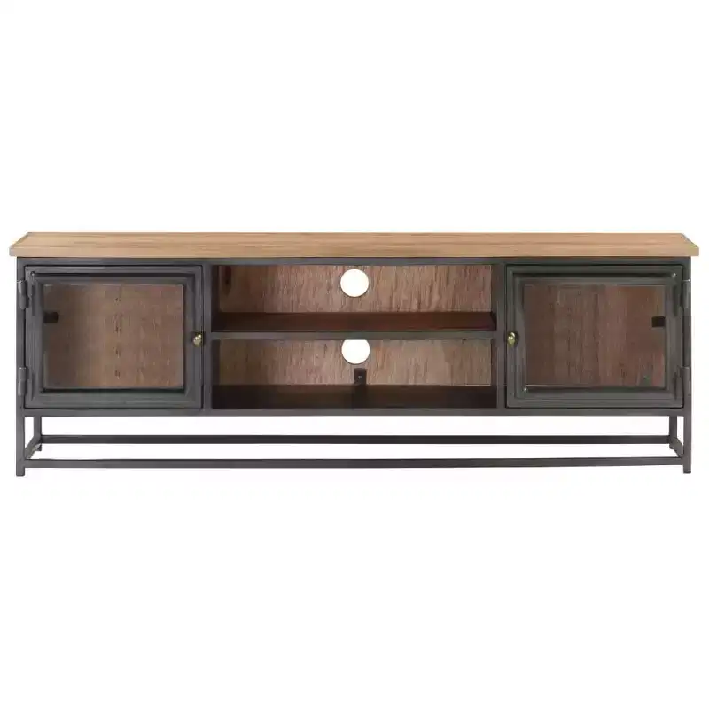Industrial-Style Solid Acacia Wood TV Stand with Steel Legs - Entertainment Cabinet with Glass Doors and Ample Storage Space - Gray