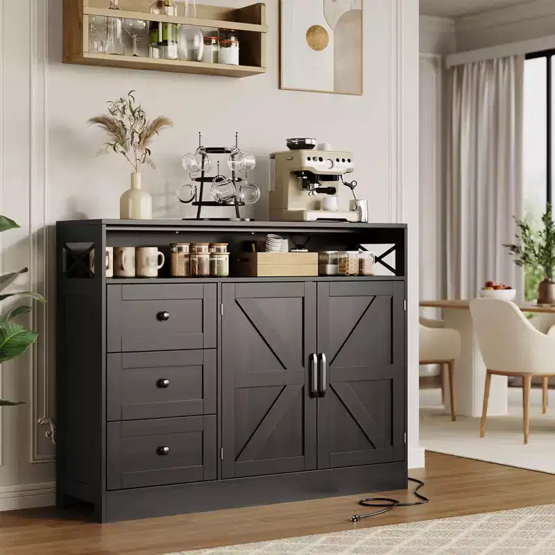 CuisinSmart Farmhouse Buffet Cabinet with Storage with Built-In Power Outlet, Sideboard Cabinet with 2 Doors&3 Drawers for Living Room Dining Room