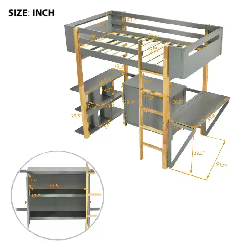 Loft Bed with Foldable Desk, Wood Loft Bed Frame with Built-in Storage Cabinet and Cubes